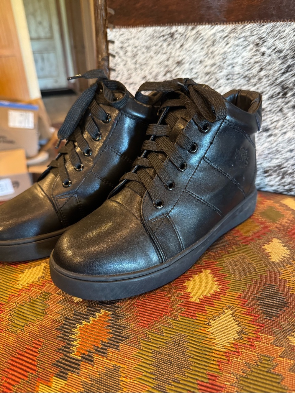 Women’s Black Leather and Sheep Wool High-Top Sneakers